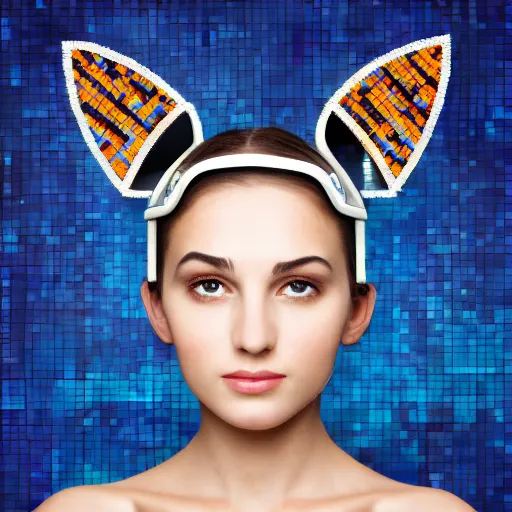 Image similar to portrait mosaic of a beautiful cute girl with robot ears and eyes, 4k, intricate details