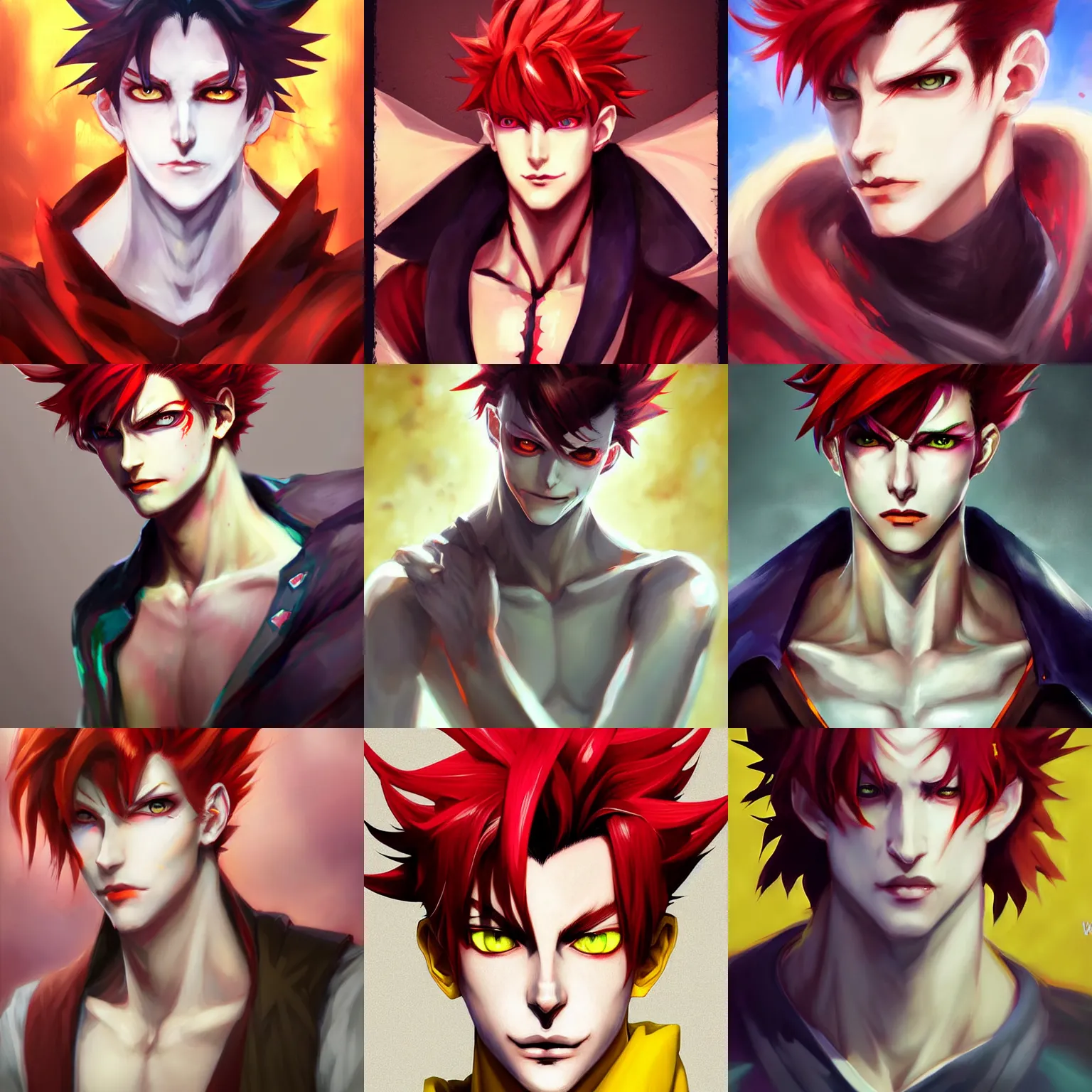 Prompt: portrait of hisoka anime male 2 0 years old male evil sharp features very very narrow yellow eyes red red soft tousled crimson hair thin lips arch eyebrows anime pixiv smooth skin overwatch moira hairstyle art by wlop ruan jia