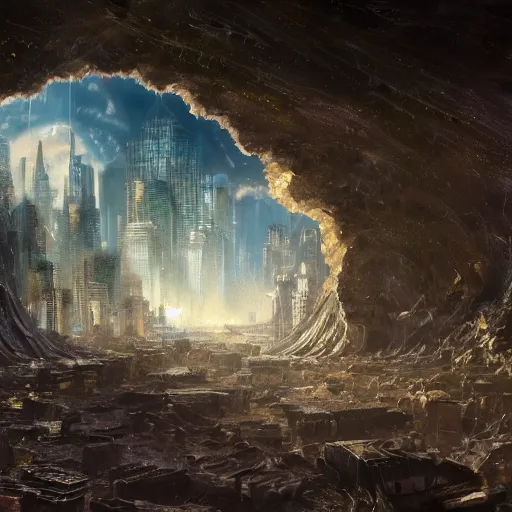 Prompt: A beautiful hyper-realistic detailed digital concept art painting of a a glistening city within a cracked open geode, dynamic lighting, crepiscular lighting coming from within the geode, low key lighting, by Greg Rutkowski, Thomas Kinkade, Andreas Rocha, Barron Storey, Mati Klarwein,high resolution, 4K, 16K, 8K, HD, detail, good focus, F16, quality, , inspired by xbox playstation snes n64 gameboy game gear arcade