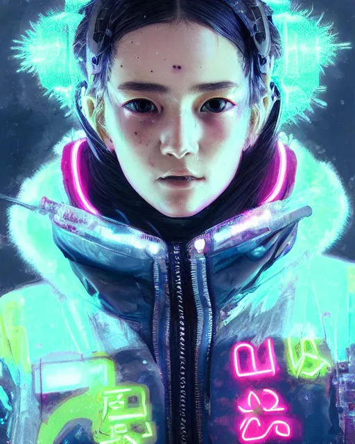 Image similar to detailed portrait Neon Operator Girl, cyberpunk futuristic neon, reflective puffy coat, decorated with traditional Japanese ornaments by Ismail inceoglu dragan bibin hans thoma greg rutkowski Alexandros Pyromallis Nekro Rene Maritte Illustrated, Perfect face, fine details, realistic shaded, fine-face, pretty face