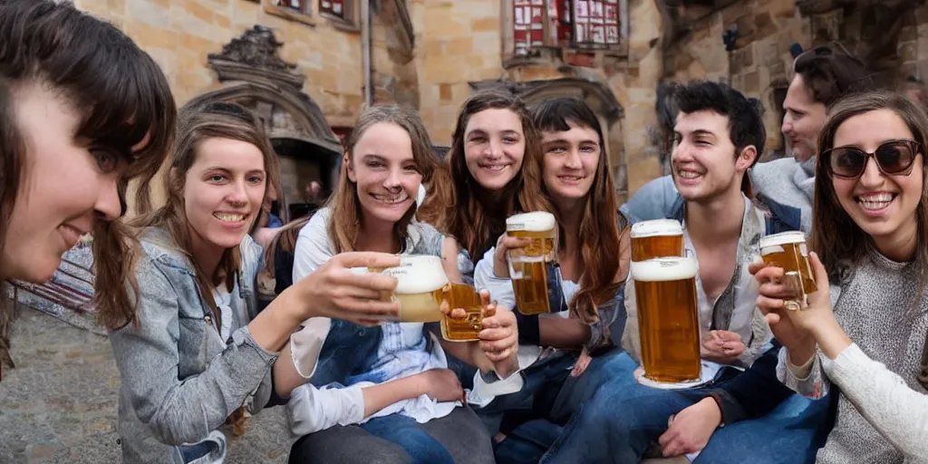 Prompt: students drinking beer in Bamberg, photograph