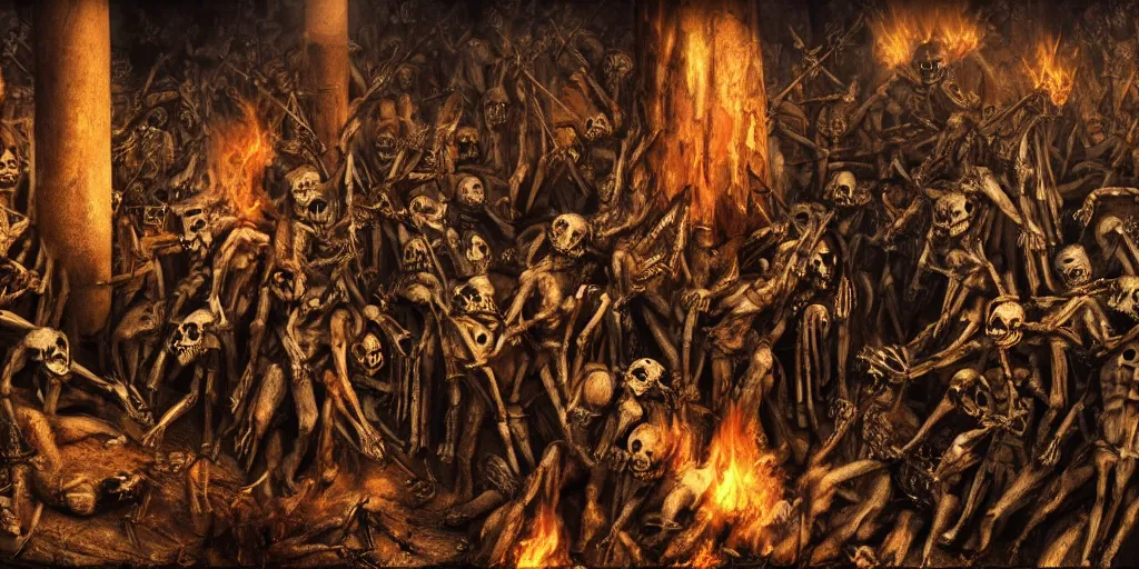 Prompt: dante's inferno painting biden, crows, skeletons, crosses, dark beauty, rotten gold, perfect faces, extremely detailed, cinema 4 d, unreal engine.