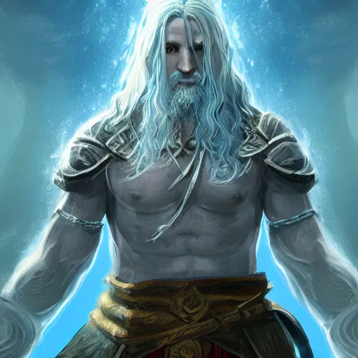 Image similar to A water genasi cleric with wavy white hair and blue skin praying to his god wearing turtle armor, illustration, artstation, highly detailed, 4k