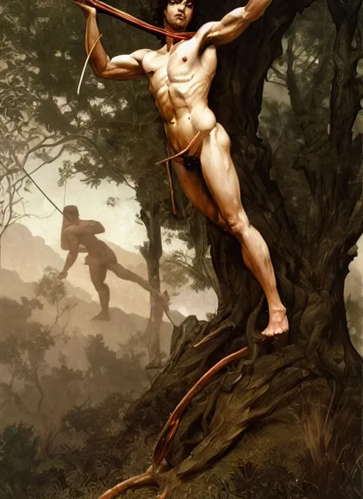 Image similar to Saint Sebastian tied to a tree in the forest, intricate, elegant, highly detailed, digital painting, artstation, concept art, smooth, sharp focus, illustration, art by frazetta and bouguereau and aleksi briclot