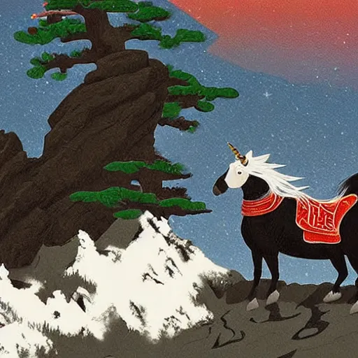 Image similar to bird riding a unicorn in the rocky mountains, japanese animals style