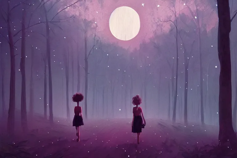 Image similar to giant daisy flower head, girl walking in a moonlit forest, hills, surreal photography, dark night, star trails, dramatic light, impressionist painting, clouds, digital painting, artstation, simon stalenhag