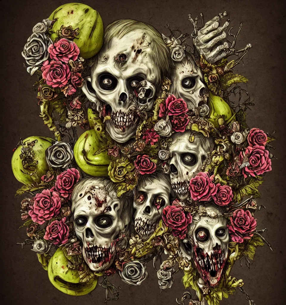 Image similar to zombie, punk, male, fruit and flowers, botanical, vanitas, sculptural, baroque, rococo, intricate detail, spiral, ornamental, decomposing