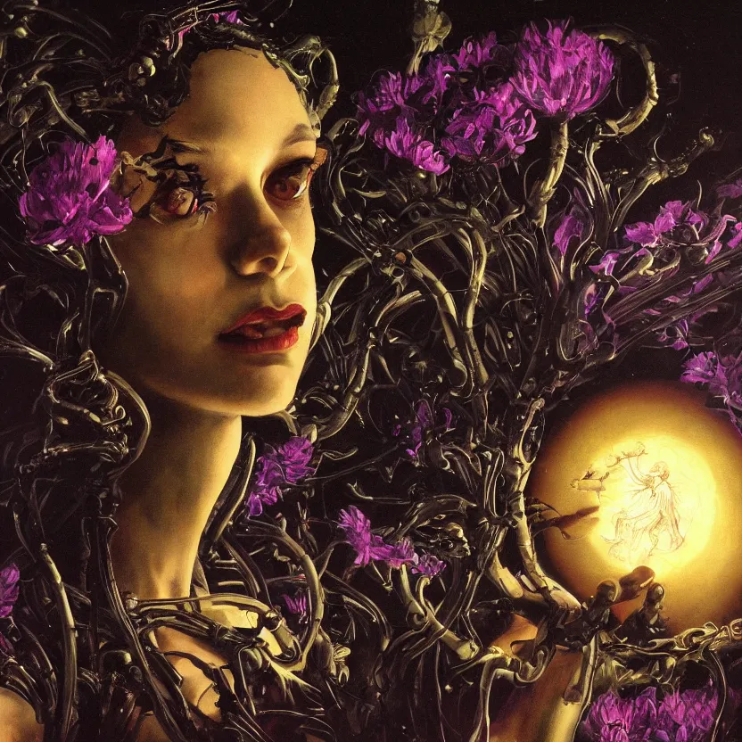 Prompt: baroque neoclassicist close - up sci - fi portrait of a fantasy young alien girl overgrown with flowes and big glowing eyes. iridescence. dark black ominous background, glowing atmosphere. highly detailed science fiction fantasy painting by norman rockwell, frank frazetta, and syd mead. rich colors, high contrast, gloomy atmosphere. trending on artstation and behance.