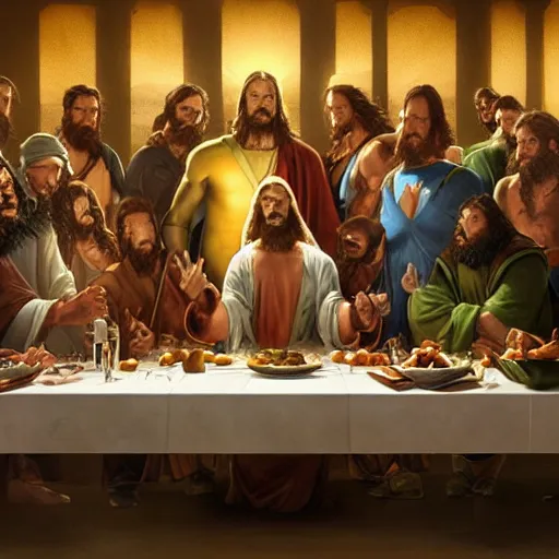 Prompt: professional physically based octane render of Wolverine as Jesus at the Last Supper, character concept art, epic composition, style of Marvel, 8k comic art, intricately detailed