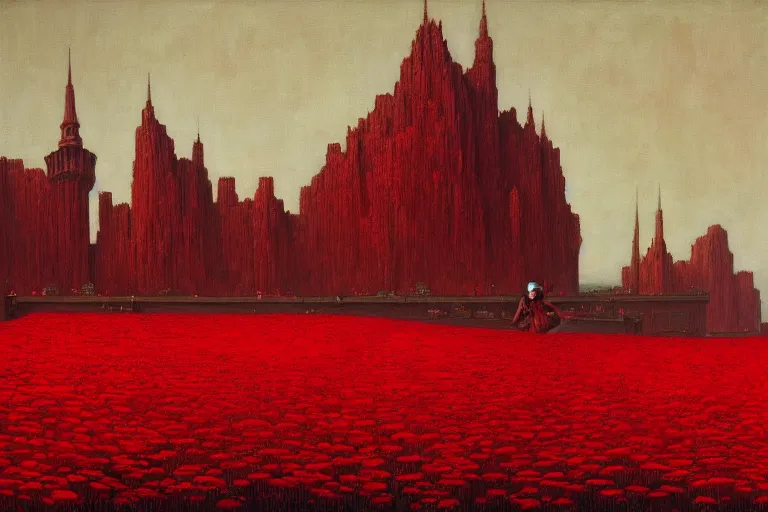 Image similar to only with red, red flowers of different types, red castle in background, red medieval goblins, in the style of beksinski, parts by edward hopper, parts by rodcenko, parts by yue minjun, intricate and epic composition, red by caravaggio, insanely quality, highly detailed, masterpiece, red light, artstation, 4 k