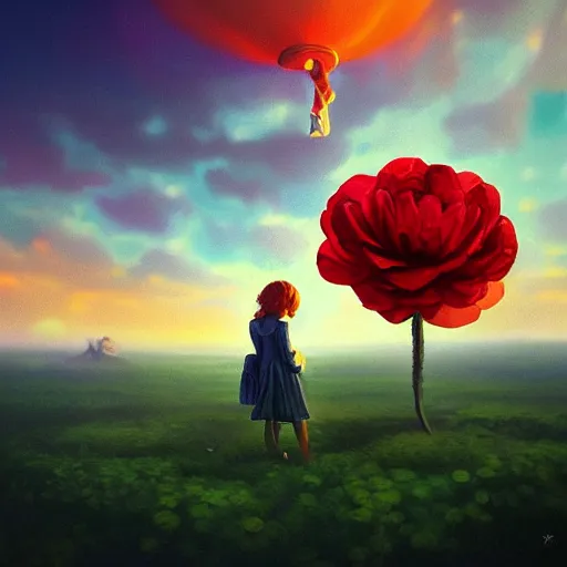 Image similar to closeup, giant rose flower head, frontal, girl in suit, surreal photography, sunrise, blue sky, dramatic light, impressionist painting, digital painting, artstation, simon stalenhag