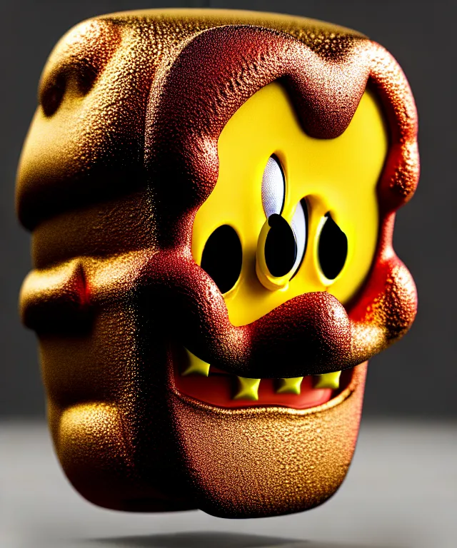 Prompt: complex 3 d render of a porcelain spongebob face. red gold and black, fractal veins. dragon cyborg, 1 5 0 mm, beautiful natural soft light, rim light, gold fractal details, fine lace, mandelbot fractal, anatomical, glass, facial muscles, elegant, ultra detailed, metallic armor, octane render, depth of field