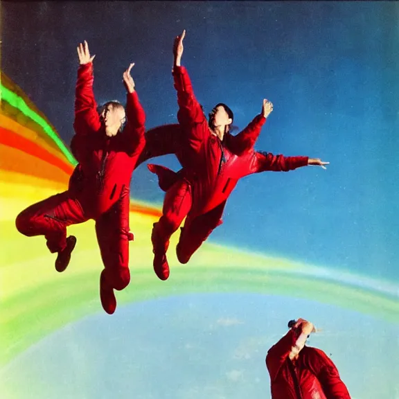 Image similar to two time pilots wearing red rick owens flight suits inside the glowing geometric rainbow portal to the sixth dimension by frank frazetta