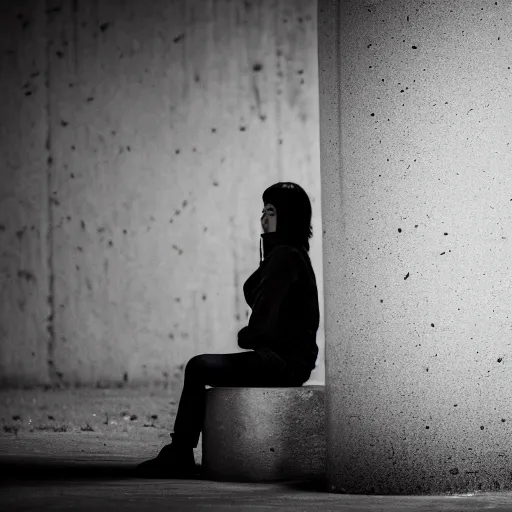 Prompt: photograph of a woman hiding behind a cement pillar, in an underground liminal space, sigma 85mm f/1.4, 4k, depth of field, high resolution, 4k, 8k, hd, full color