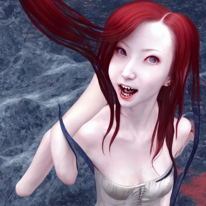 Image similar to renaissance portrait of the secretive vampire girl loner smiling at her next victim, by katsuhiro otomo, yoshitaka amano, nico tanigawa, and artgerm rendered with 3 d effect.