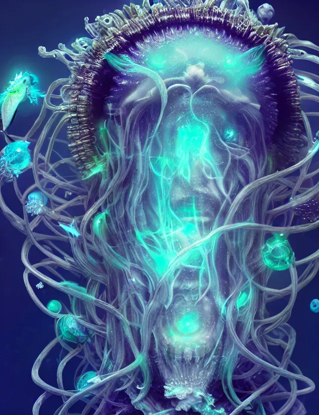 Prompt: goddess macro close - up portrait wigh crown made of ram skull. betta fish, jellyfish phoenix, bioluminiscent, plasma, ice, water, wind, creature, super intricate ornaments artwork by tooth wu and wlop and beeple and greg rutkowski