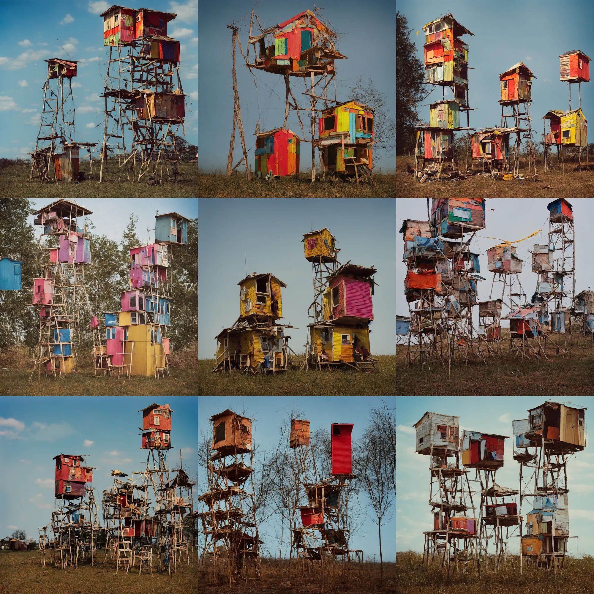 Prompt: a tower made up of makeshift squatter shacks with retro colours, mamiya, 8 5 mm, f 1. 7, fully frontal view, uniform plain sky, light leaks, digital glitches, photographed by julie blackmon