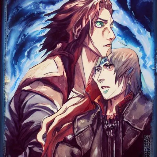 Image similar to vintage movie poster art for castlevania by trending pixiv fanbox, watercolor, style of makoto shinkai takashi takeuchi yoshiyuki and agnes cecile 4 k concept art