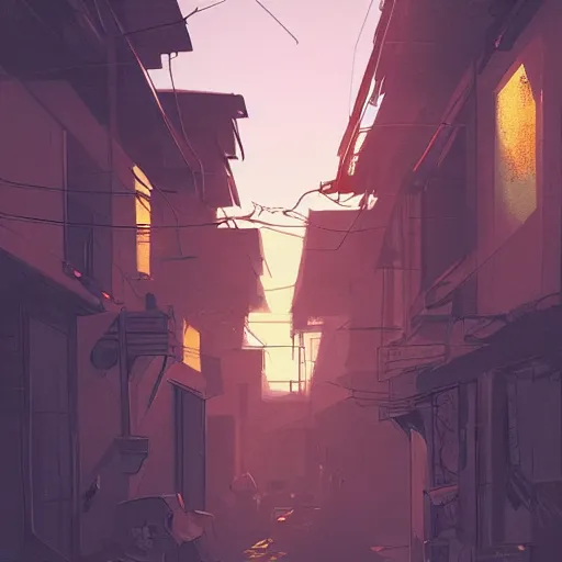 Image similar to A dirty alleyway at sunset, dramatic lighting, illustration by Rossdraws, professional portfolio, 4k, digital art, concept art, golden hour, trending on artstation