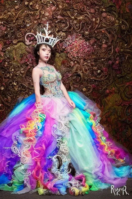 Image similar to A full body shot of a cute and mischievous young monster princess wearing an ornate gown. Covered in barnacles and tentacles. Dynamic Pose. Quinceanera dress. Rainbow palette. rainbowcore. Dramatic Lighting. Eldritch. defined facial features, symmetrical facial features. Opalescent surface. Emerging from the darkness. Elegant. By Ruan Jia and Artgerm and Range Murata and WLOP and Ross Tran and William-Adolphe Bouguereau. Key Art. realistic, Hyperdetailed. Fantasy Illustration. Masterpiece. artstation, award winning, sharp, details, HD, HDR, 4K, 8K.