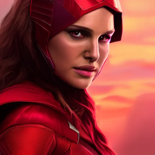 Image similar to Natalie Portman as scarlet witch from MCU, highly detailed, artstation, 8K HDR, sunset.