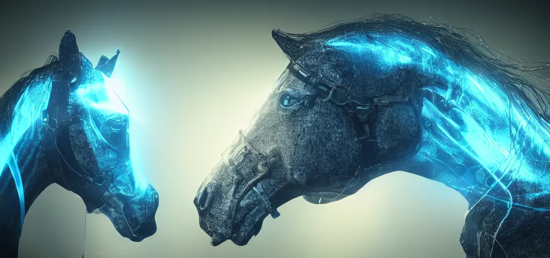 Prompt: perfect horse by David Manzur, photographic reality, hyperreal , complete scene, ornate, details, smooth, sharp focus, illustration, realistic, cinematic, artstation, award winning, rgb, ethereal blue lighting, cyberpunk look, biomechanical mask. bio luminescent biomechanical, halo, jellyfish. , unreal engine, octane render, cinematic light, iridescent details, iridescent colors, dichroic, macro, depth of field, blur, 8K,