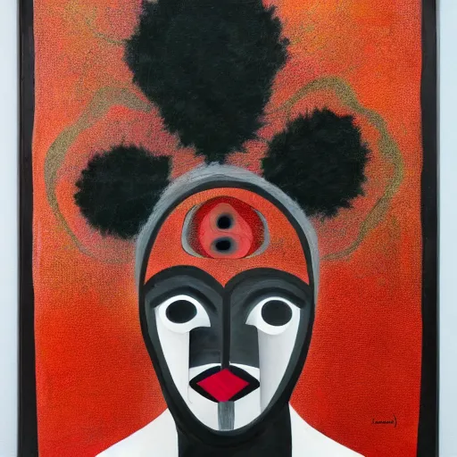 Prompt: Art in the style of Laszlo Noholy-Nagy, Georgia Anne Muldrow, side portrait, tribal mask inside mask, afrocentric mysticism