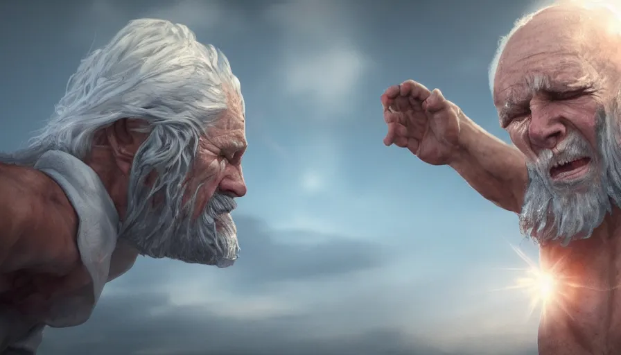 Image similar to jesus christ fighting a very old man, hyperrealistic, 8k, artstation, cgsociety