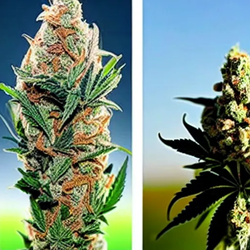 Image similar to beautiful giant marijuana bud covered in stunning large moist trichomes trichomes trichomes as a silo in a field