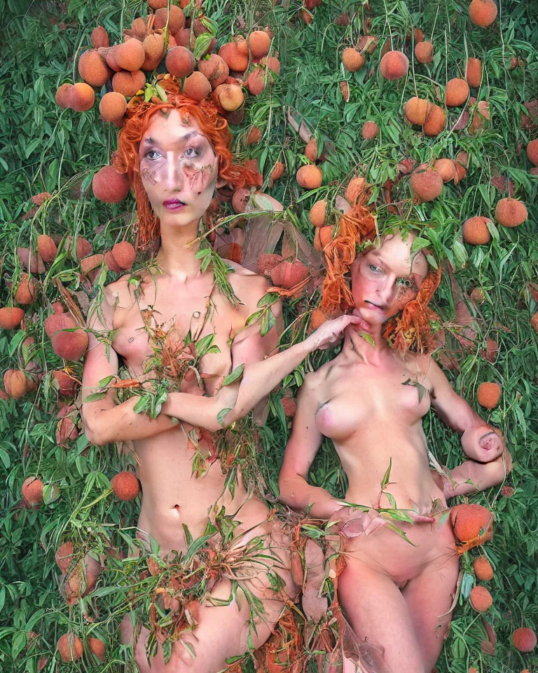 Prompt: A full body shot of curious and vibrant Queen of peach fruits fairies standing for the camera, her skin is made of detailed pale human skin. Shiny hair made of highly detailed plant roots strands and two peaches. Weeds are growing from her belly bottom. Gently looking at the camera. Soft details. Clear eyes. Octane Render. Art nouveau. 4k. 8k. Detailed. Refined. Body art. Highly Detailed. Face by Otto Schmit. Detailed Garden of fruits as background. Trending on artstation.