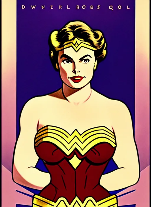 Image similar to well - lit art nouveau portrait of ingrid bergman as wonder woman in the poster for the 1 9 4 8 film'wonder woman versus the robots '. beautiful. powerful, natural lighting, path traced, highly detailed, high quality, cartoon, digital painting, by don bluth and ross tran and studio ghibli and alphonse mucha