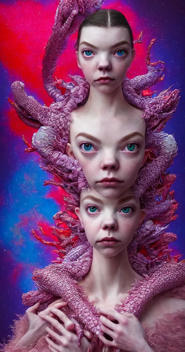 Image similar to hyper detailed 3d render like a Oil painting - kawaii portrait of two Aurora (a beautiful skeksis muppet fae princess protective playful from dark crystal that looks like Anya Taylor-Joy) seen red carpet photoshoot in UVIVF posing in scaly dress to Eat of the Strangling network of yellowcake aerochrome and milky Fruit and His delicate Hands hold of gossamer polyp blossoms bring iridescent fungal flowers whose spores black the foolish stars by Jacek Yerka, Ilya Kuvshinov, Mariusz Lewandowski, Houdini algorithmic generative render, Abstract brush strokes, Masterpiece, Edward Hopper and James Gilleard, Zdzislaw Beksinski, Mark Ryden, Wolfgang Lettl, hints of Yayoi Kasuma and Dr. Seuss, octane render, 8k