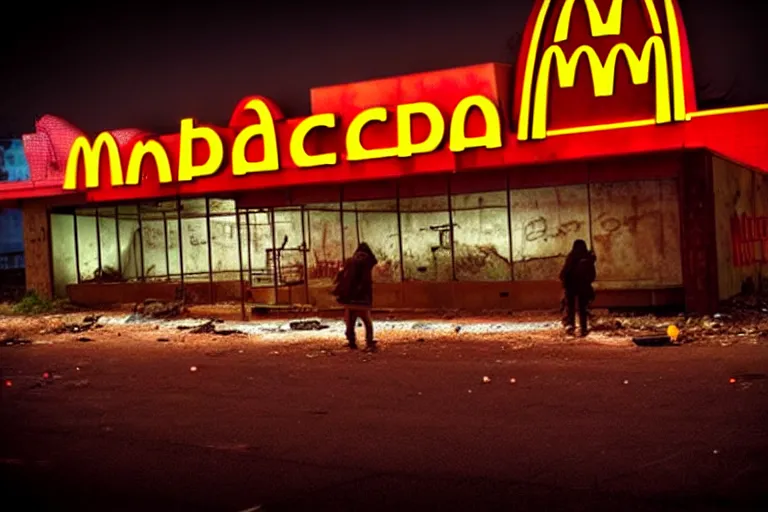 Prompt: post apocalyptic mcdonalds being used as a shelter, dystopian, fire, people huddled, night, neon sign, rust