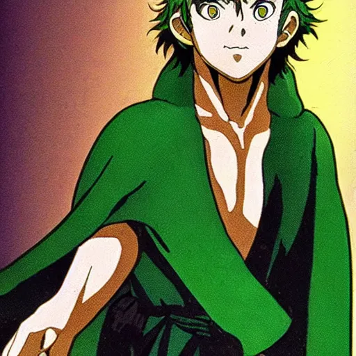 Image similar to pippin from the anime lord of the rings (1986), dark hair, green cape, studio ghibli, very detailed, realistic