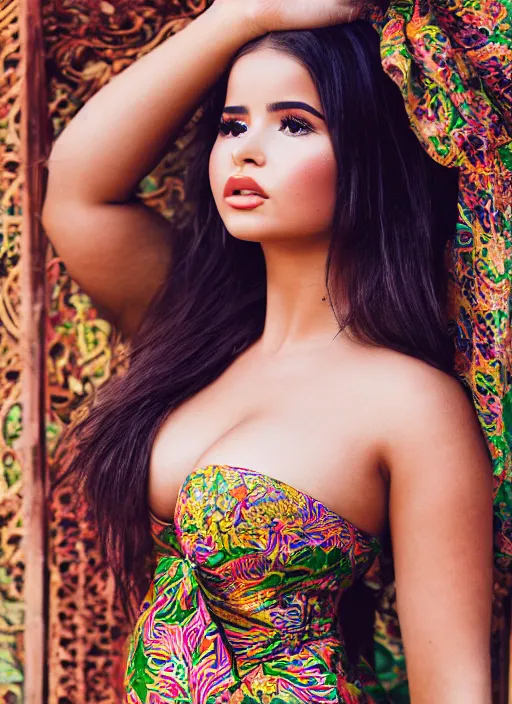 Image similar to portrait of demi rose wearing batik tube top in bali temple, by charlotte grimm, natural light, detailed face, beautiful features, symmetrical, canon eos c 3 0 0, ƒ 1. 8, 3 5 mm, 8 k, medium - format print,