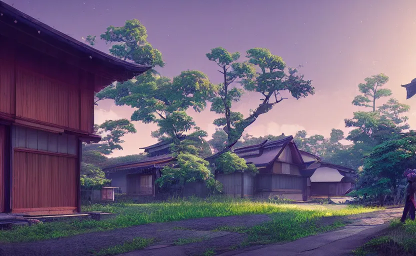 Prompt: Japanese countryside house, Low level, rendered by Beeple, Makoto Shinkai, syd meade, simon stålenhag, synthwave style, digital art, unreal engine, WLOP, trending on artstation, 4K UHD image, octane render