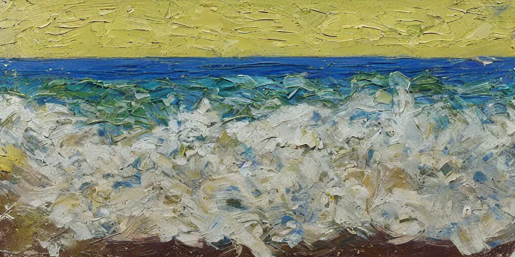 Image similar to oil paint impasto relief, beautiful italian beach scene, rough sea, multi layered thick brush marks, some splattered paint, in the style of ivan shishkin and frank auerbach and van gogh