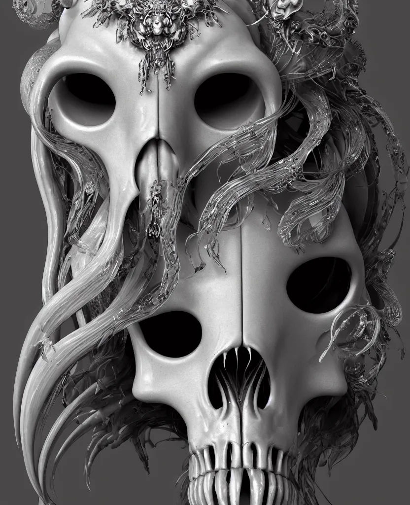 Image similar to goddess princess face close-up portrait ram skull. hard surface modelling zbrush and octane render. jellyfish phoenix head, nautilus, orchid, skull, betta fish, bioluminiscent creatures, intricate artwork by Tooth Wu and wlop and beeple. octane render, trending on artstation, greg rutkowski very coherent symmetrical artwork. cinematic, hyper realism, high detail, octane render, 8k