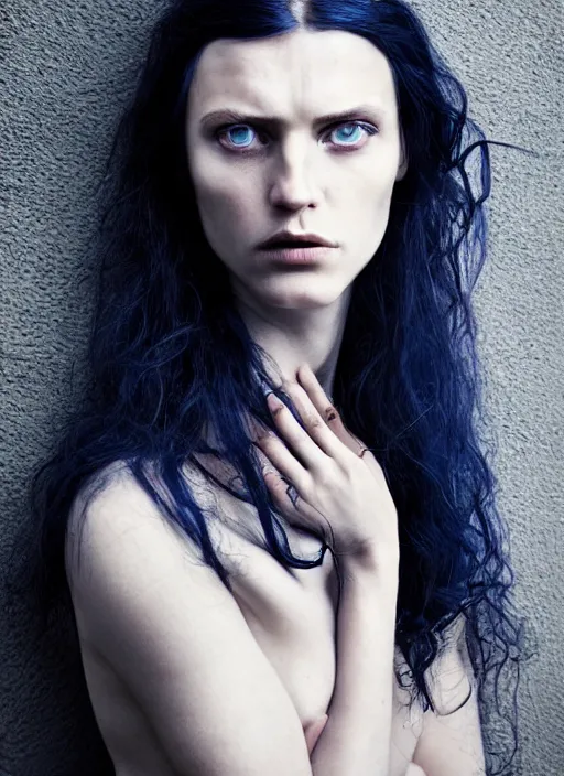 Image similar to portrait photograph of the most beautiful woman with a long dark blue hair, blue eyes, stern expression, lorenzo agius, alessio albi