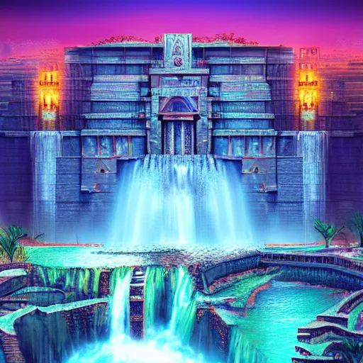 Prompt: old babylonian structure with waterfalls, retrowave epic art, trending on art station