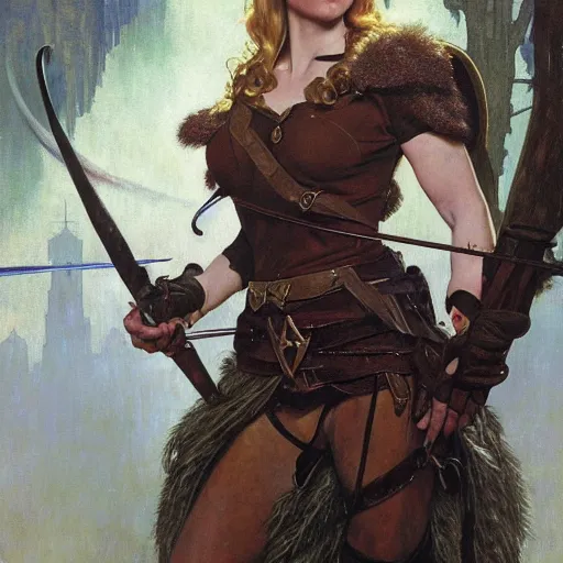 Image similar to half length portrait of hannah waddingham as an elf ranger, d & d, medieval, fantasy, royo, klimt, miro, vallejo, frazetta, alphonse mucha, greg rutkowski, whealan