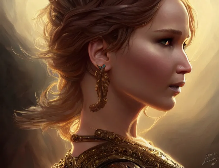 Image similar to Jennifer Lawrence, closeup, D&D, fantasy, intricate, elegant, highly detailed, digital painting, artstation, concept art, matte, sharp focus, illustration, hearthstone, art by Artgerm and Greg Rutkowski and Alphonse Mucha