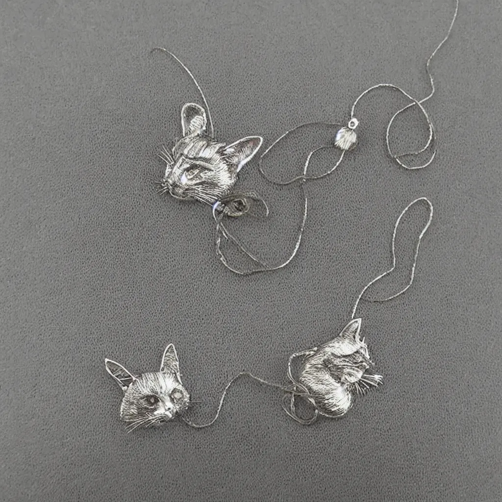 Prompt: Silver embroidered amulet, realistic, clean, cat,