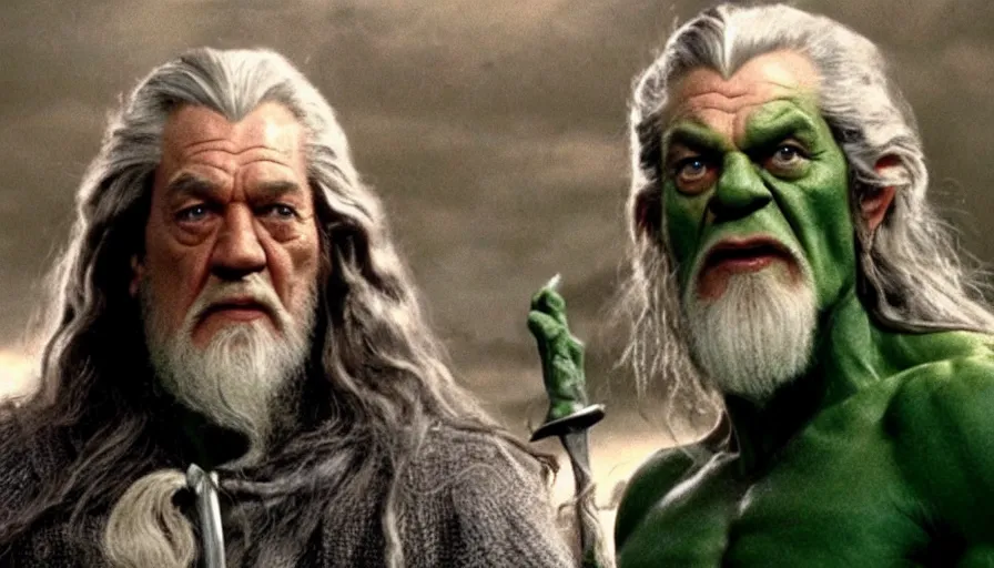 Image similar to film still of gandalf starring as the hulk, cnn news footage.