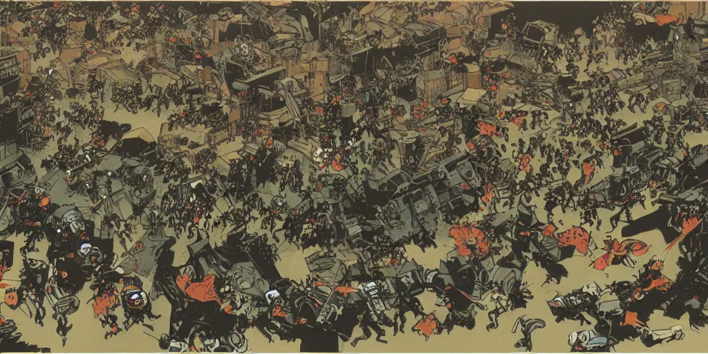Prompt: a horde of monkeys attacking a city in Japan by Ashley Wood, 3 point perspective, rule of thirds