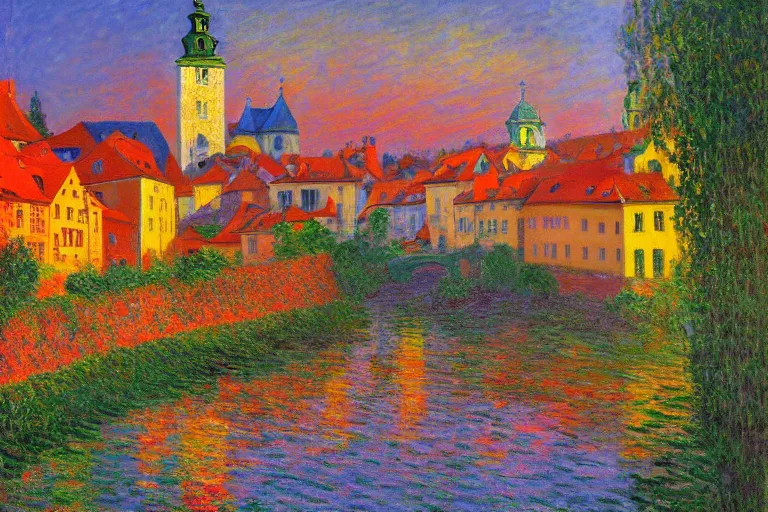 Prompt: cesky krumlov at sunset by jeffrey smith, ( monet ), cubism, 3 d depth, oil on canvas, trending art station, masterpiece