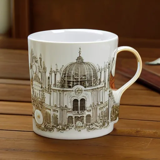 Image similar to The perfect tea mug, artsy baroque architectural design,