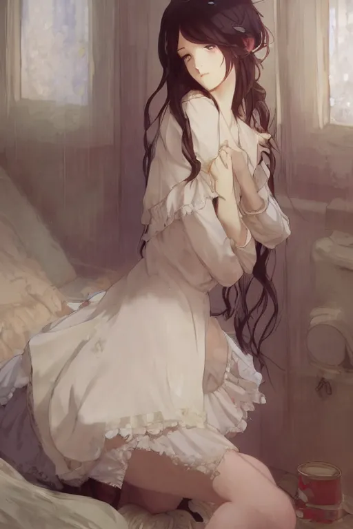 Prompt: a girl in a maid's outfit in the bedroom a night, raining outside the window, wavy white long hair, by krenz cushart and mucha and akihito yoshida and greg rutkowski and makoto shinkai and rei _ 1 7, detailed eyes, 4 k resolution