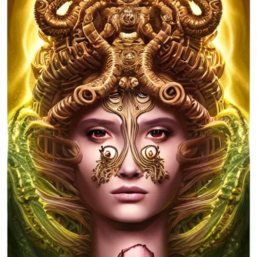 Prompt: ultradetailed ornate sci-fi RPG illustration of a beautiful symmetric Medusa radiating a glowing aura wearing a roots flower armor with much decorum, digital airbrush painting, 3d rim light, hyperrealistic masterpiece, artstation, cgsociety, kodakchrome, golden ratio