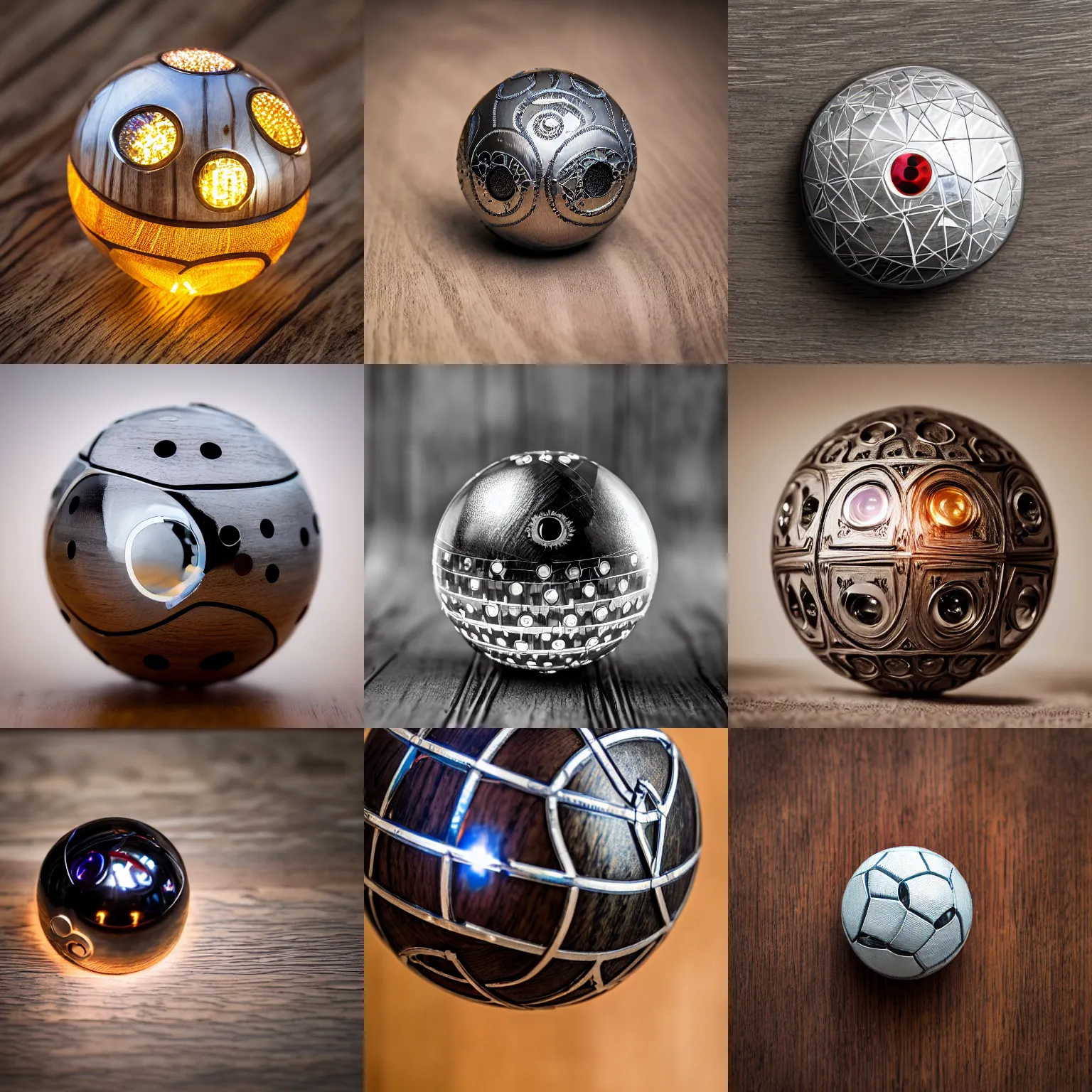 Prompt: A studio photograph of a high-tech intricate engraved chrome Poké Ball with LEDs and wooden and intricate tungsten metal inlays laying on wood grain, XF IQ4, 150MP, 50mm, F1.4, ISO 200, 1/160s, natural light, Adobe Lightroom, photolab, Affinity Photo, PhotoDirector 365